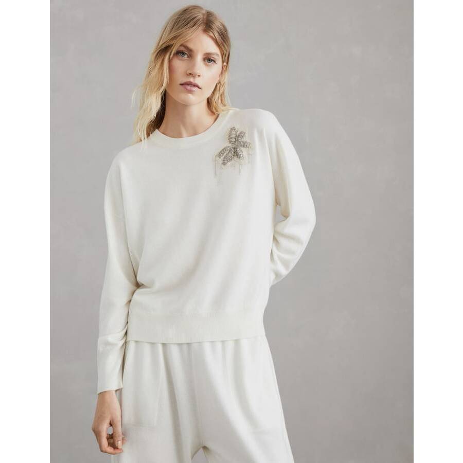 Brunello Cucinelli Women's White Wool Embellished Crewneck Sweater