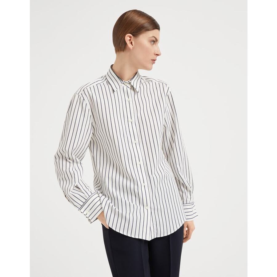 Brunello Cucinelli Women's Panama Blue Striped Cotton Shirt