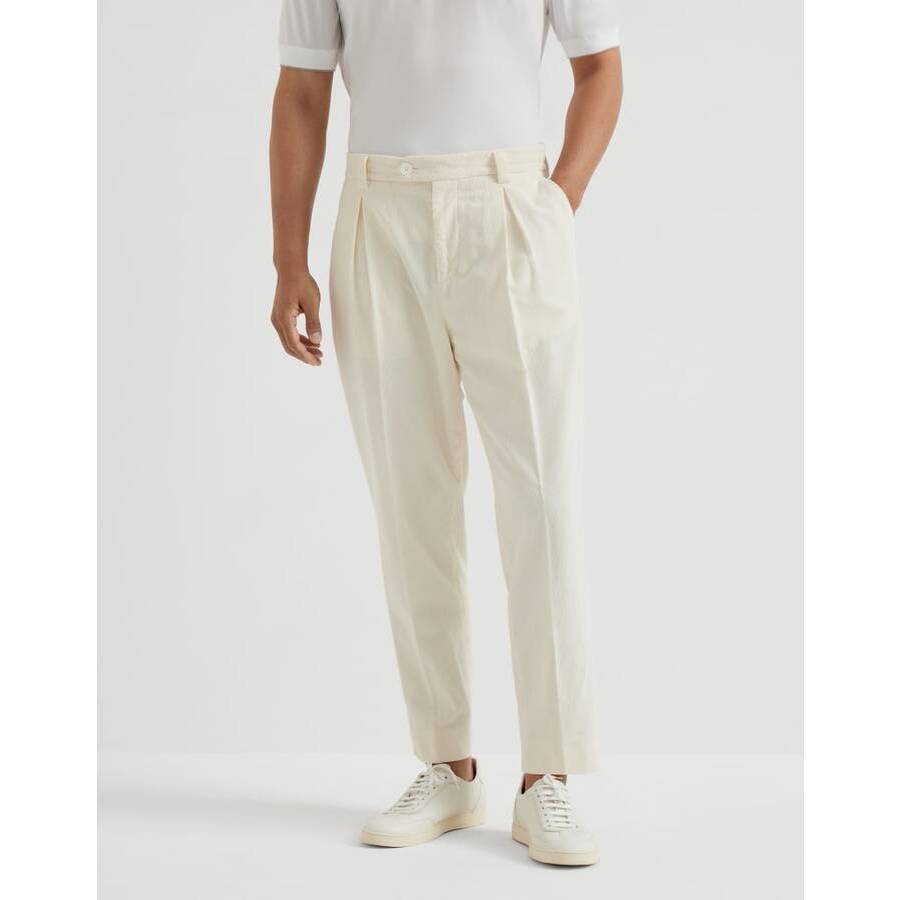 Brunello Cucinelli Men's Off White Pleated Cotton Trousers