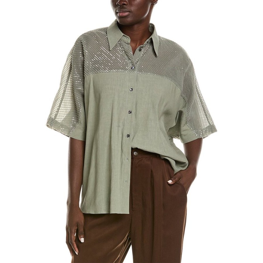 Brunello Cucinelli Sage Shirt With Sheer Sequined Yoke