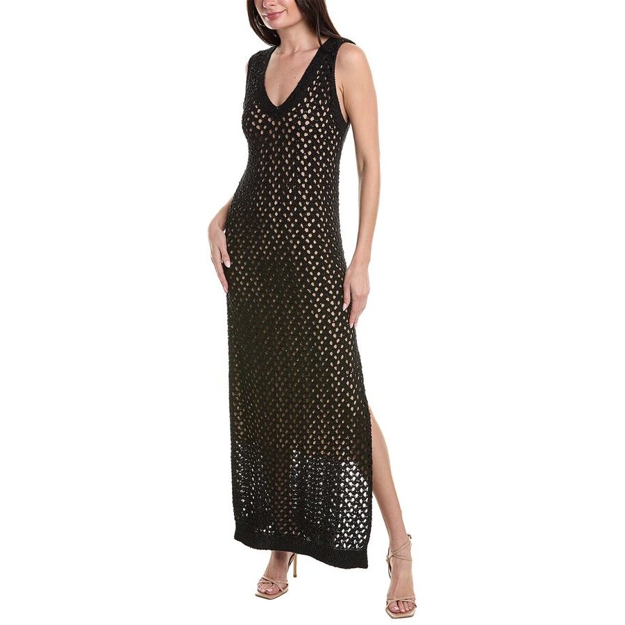 Brunello Cucinelli Open-Knit Cotton-Linen Dress — Black