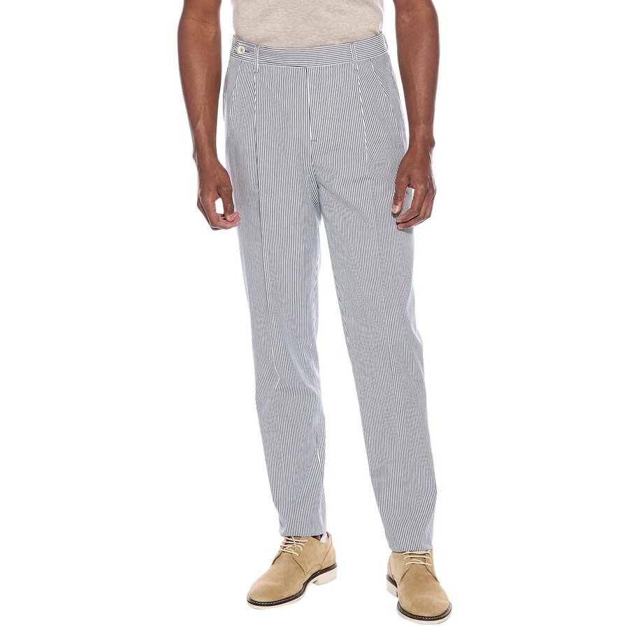 Brunello Cucinelli Blue and White Striped Cotton Trousers — Blue