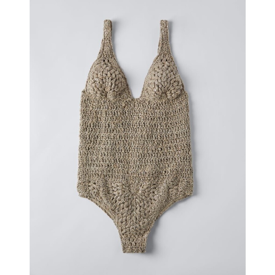 Brunello Cucinelli Wobeige Linen Silk Crochet Bodysuit