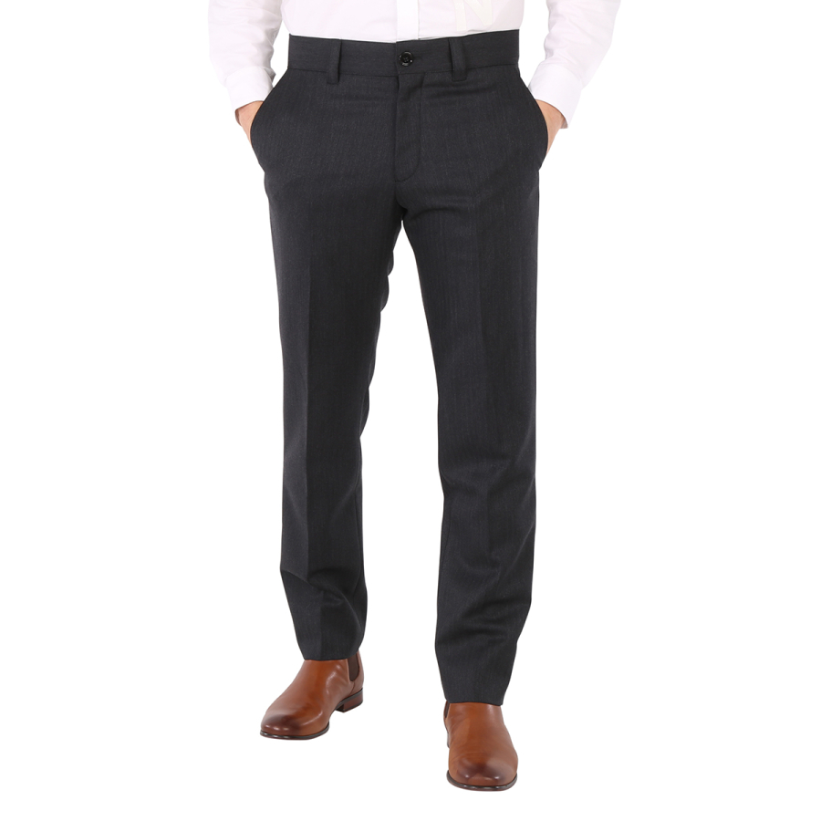 Burberry Mens Charcoal Melange Herringbone Patter Wool Trousers