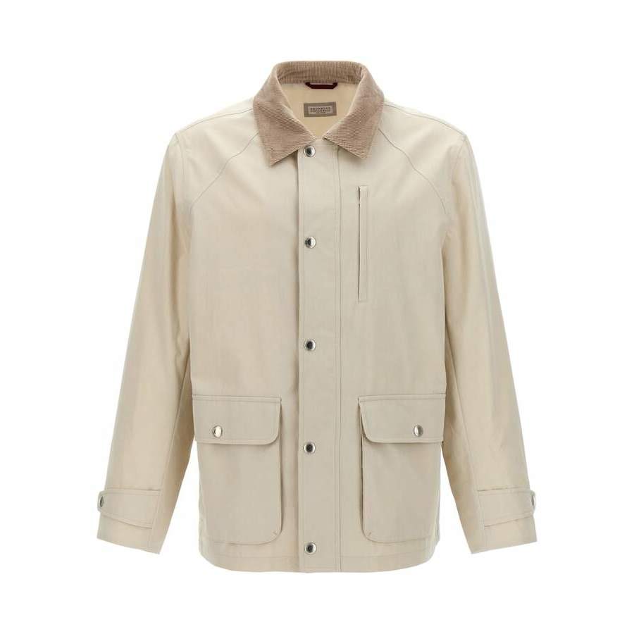 Brunello Cucinelli Men's Ice White Cotton Jacket With Corduroy Collar