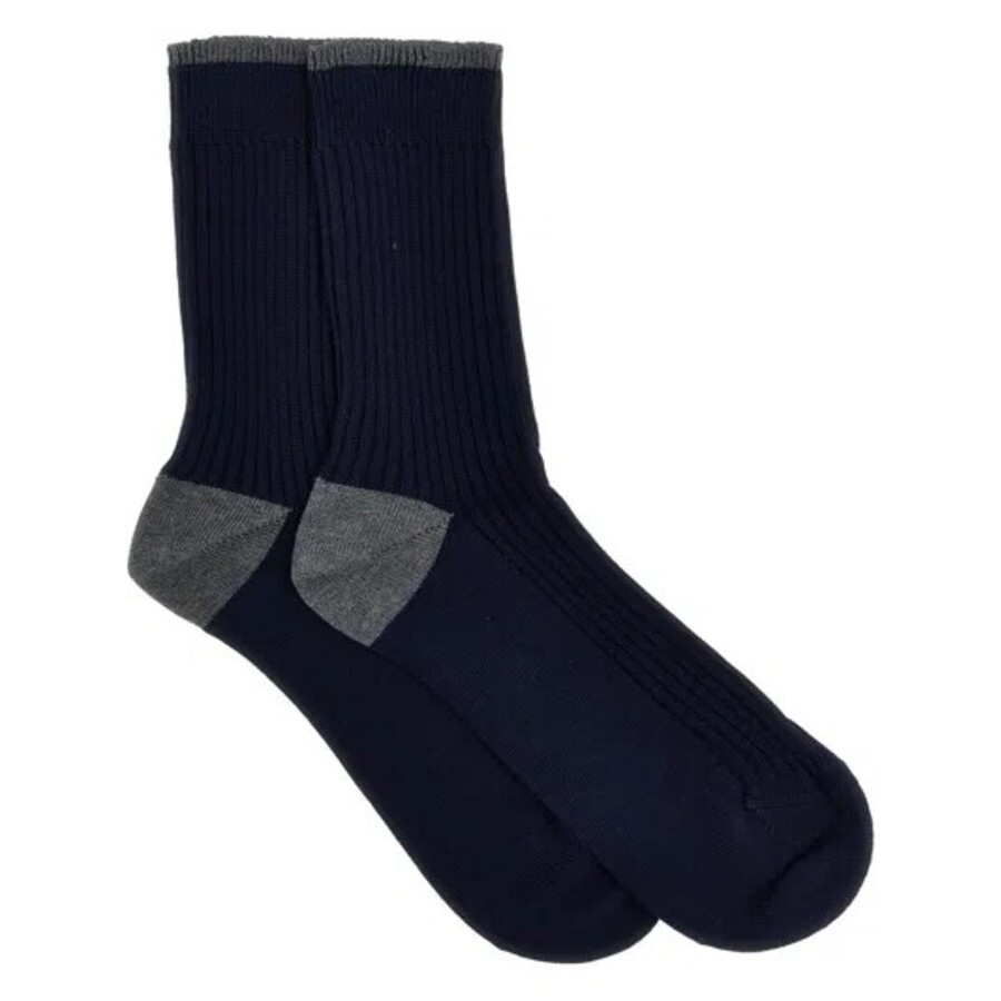Brunello Cucinelli Mens Navy Dark Grey Ribbed Cotton Socks