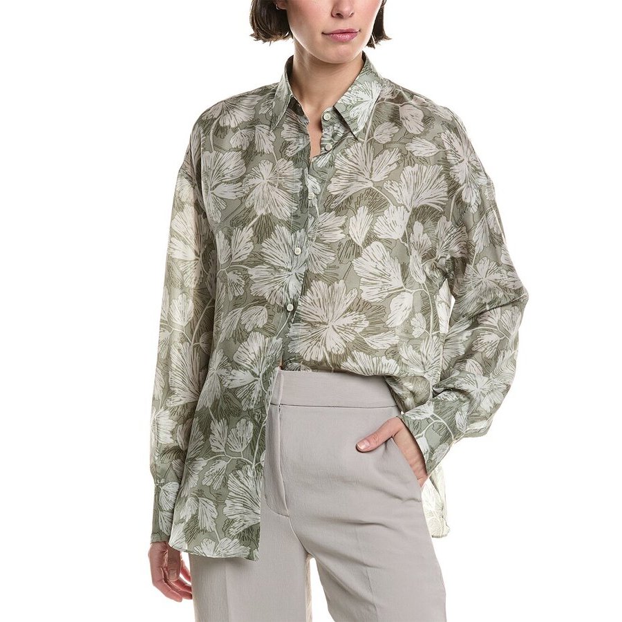 Brunello Cucinelli Green Silk Floral Blouse
