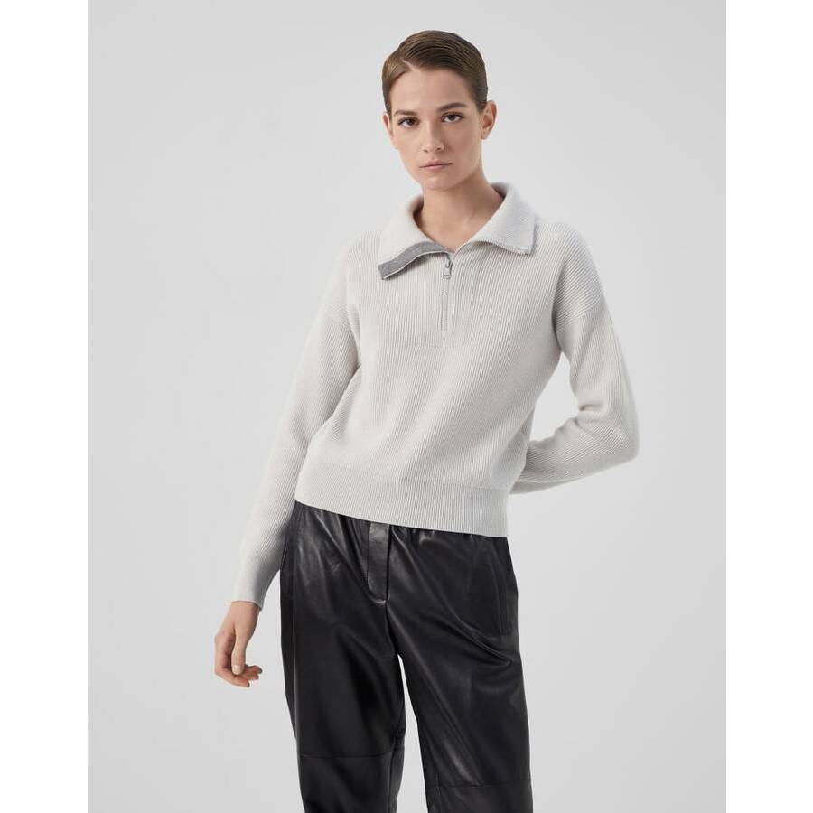 Brunello Cucinelli Womens Ice White Wool Half Zip Sweater