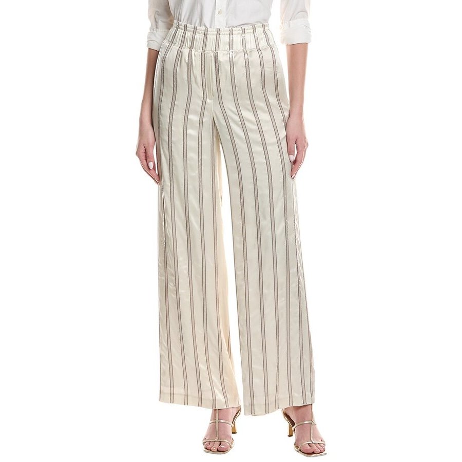 Brunello Cucinelli Warm White Striped Wide-Leg Trousers