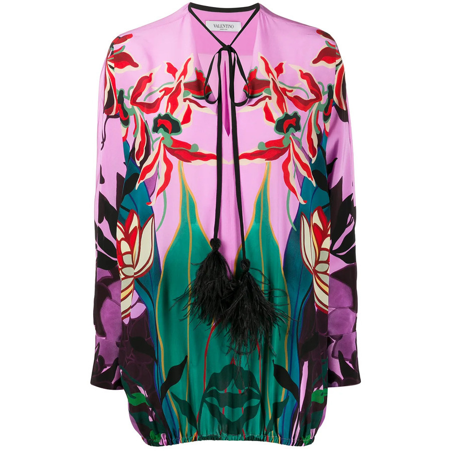 Valentino Garavani Feather-Embellished Mirrored Orchid Ramage Blouse