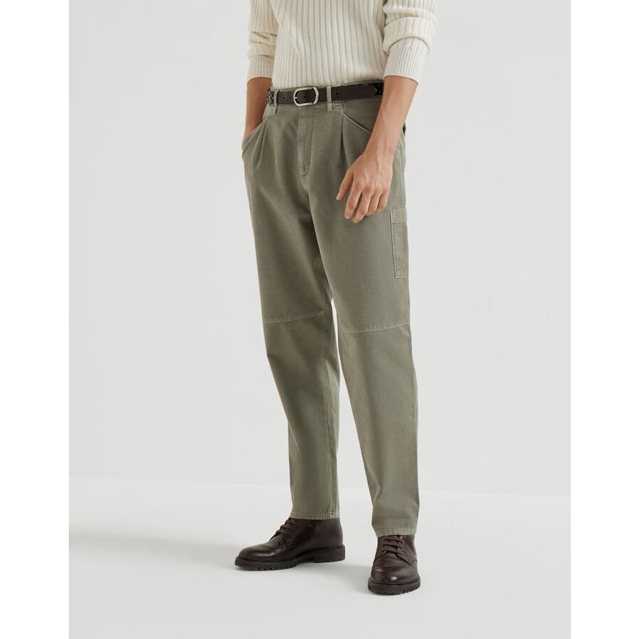 Brunello Cucinelli Men's Kaky Old Cotton Relaxed Trousers