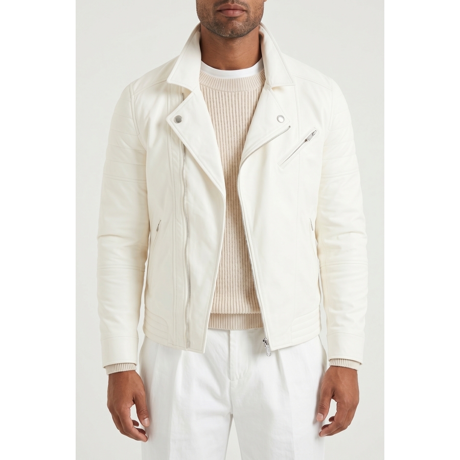 Brunello Cucinelli Off White Leather Biker Jacket