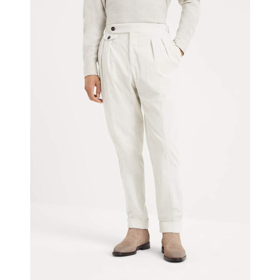 Brunello Cucinelli Men's Talc Cotton Wool Pleated Trousers