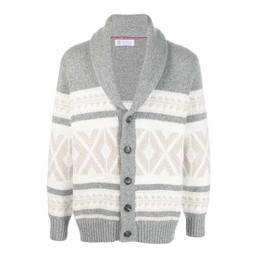 Brunello Cucinelli Men'S Light Grey Patterned Shawl Cardigan