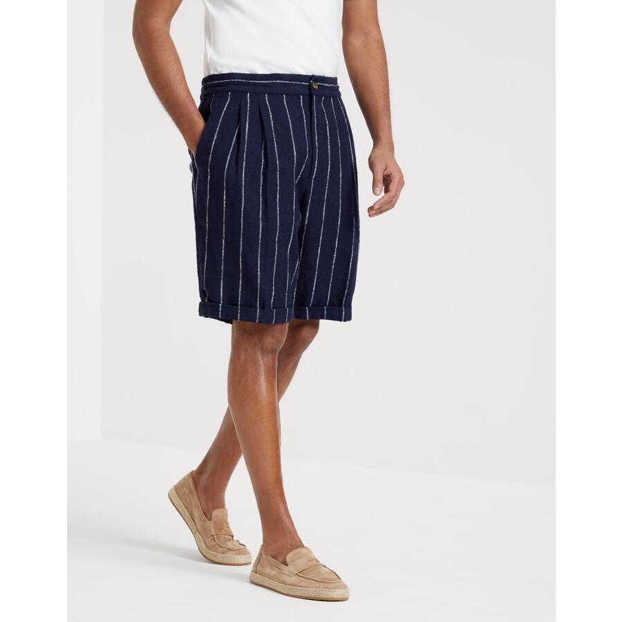 Brunello Cucinelli Men's Navy Striped Linen Wool Blend Shorts