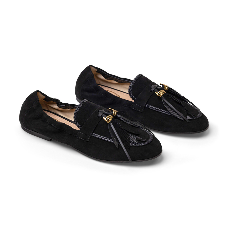 Tod's Feather Appliqué Suede Loafer — Black