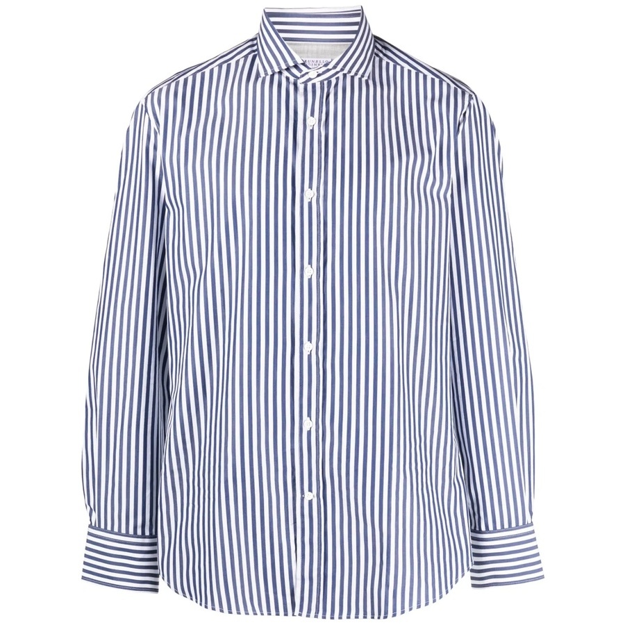 Brunello Cucinelli Men's Blue White Striped Cotton Shirt