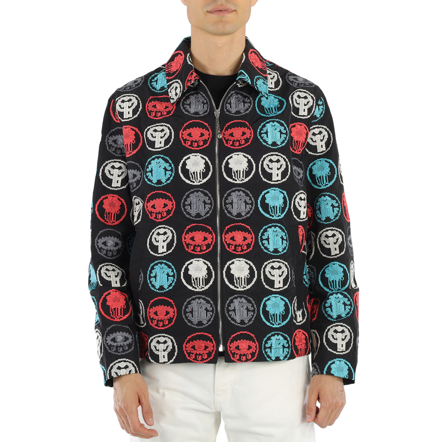 Roberto Cavalli Mens Black / Multicolor Embroidered Lucky Coin Shirt Jacket