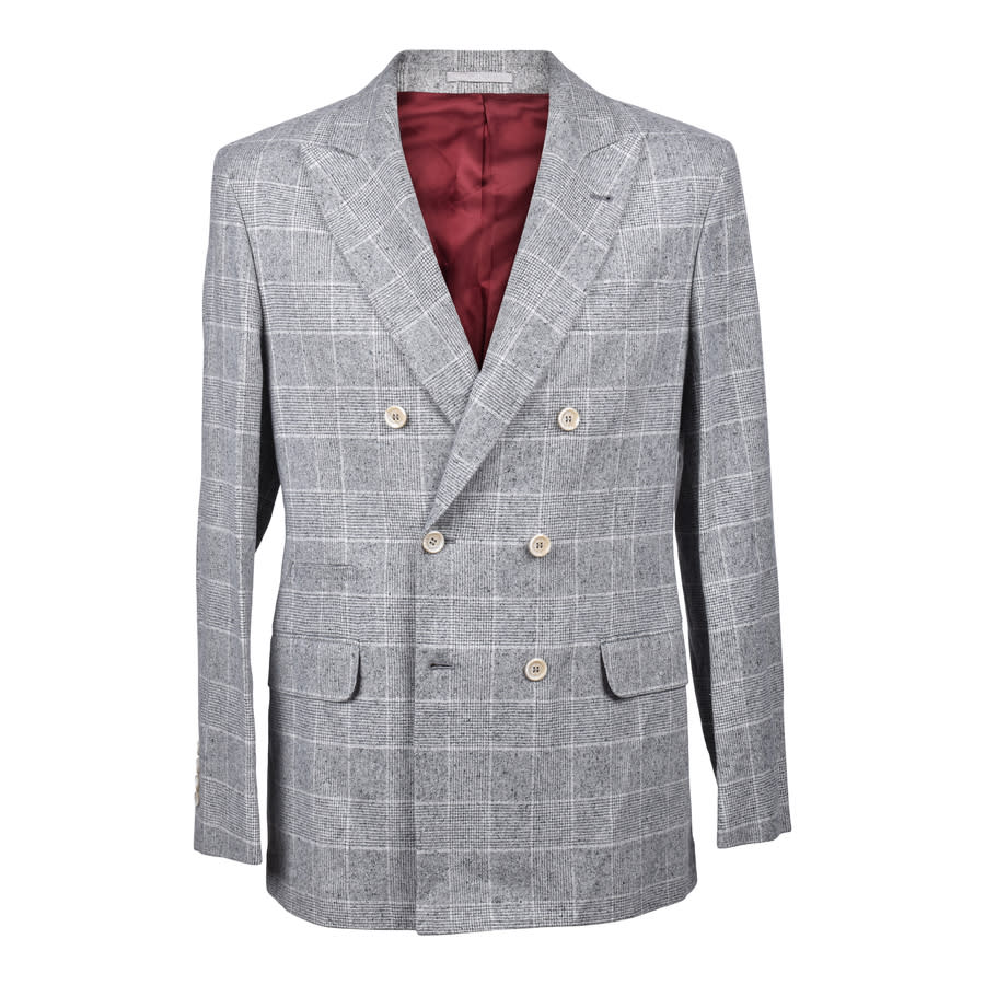 Brunello Cucinelli Pearl Grey Silk Wool Check Blazer