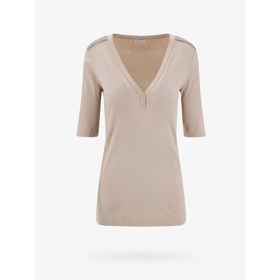 Brunello Cucinelli Beige Ribbed V-Neck Top