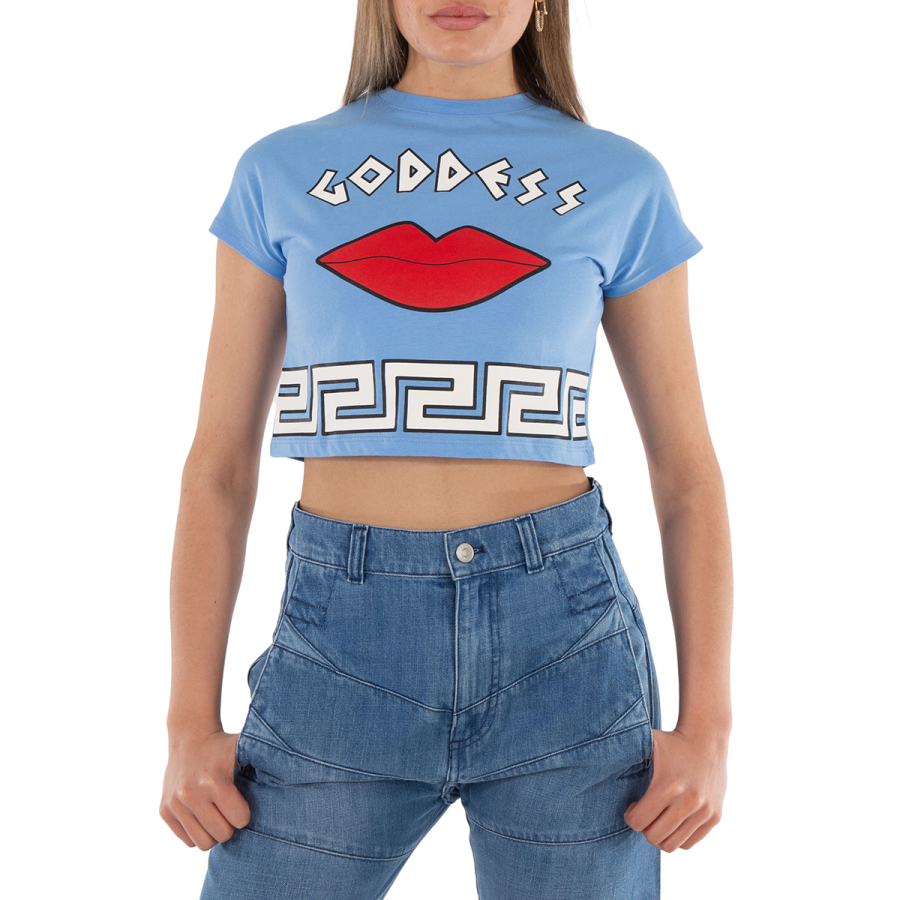 Yazbukey Ladies T-Shirt Light Blue Goddess Croptop Cotton