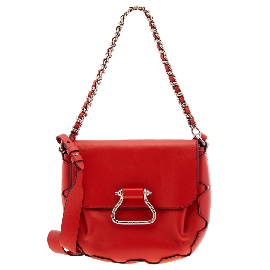 Roberto Cavalli Poppy Red Leather Saddle Bag with Chain Strap