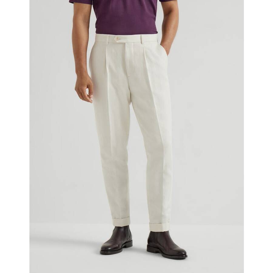 Brunello Cucinelli Men's English White Cotton Linen Trousers