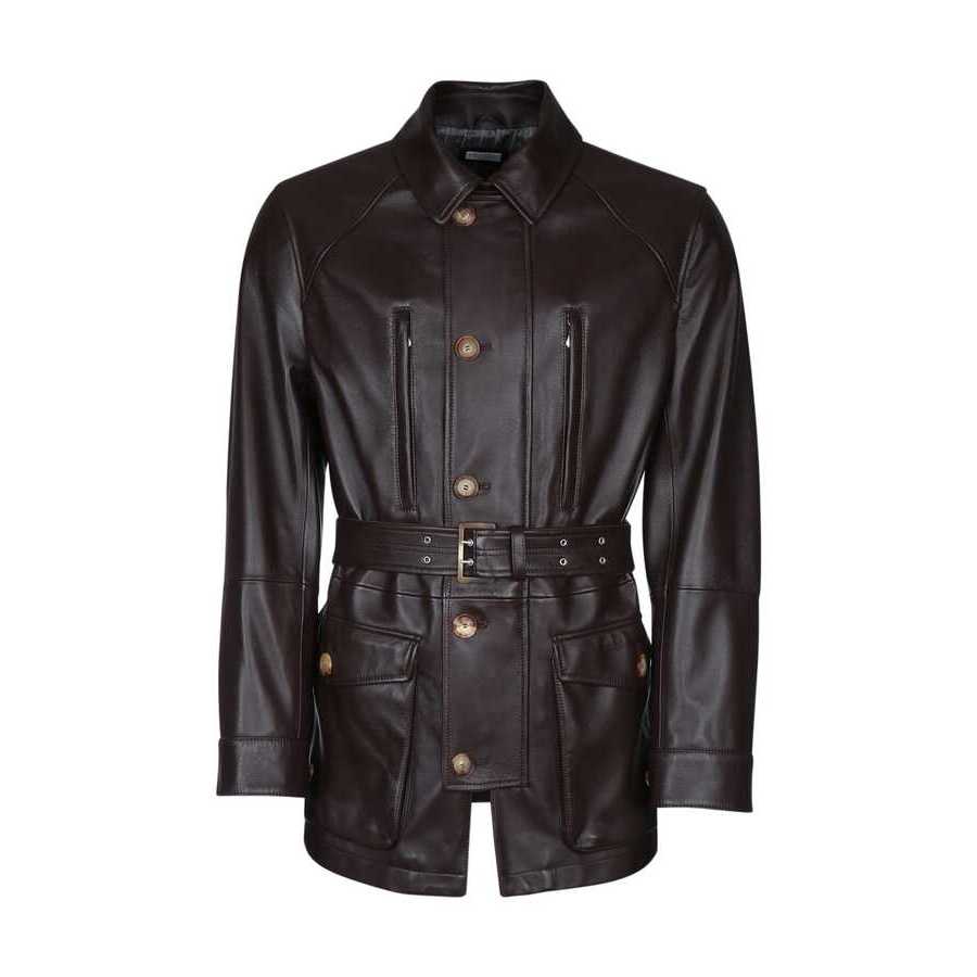 Brunello Cucinelli Dark Brown Leather Belted Jacket