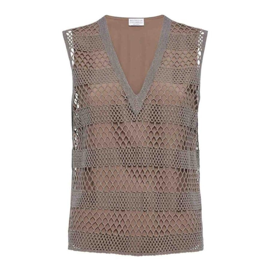 Brunello Cucinelli Ruthenium Silk Mesh Sleeveless Top