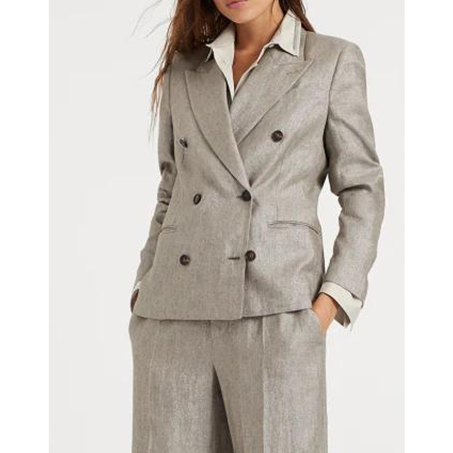 Brunello Cucinelli Women's Brown Linen Double-Breasted Blazer