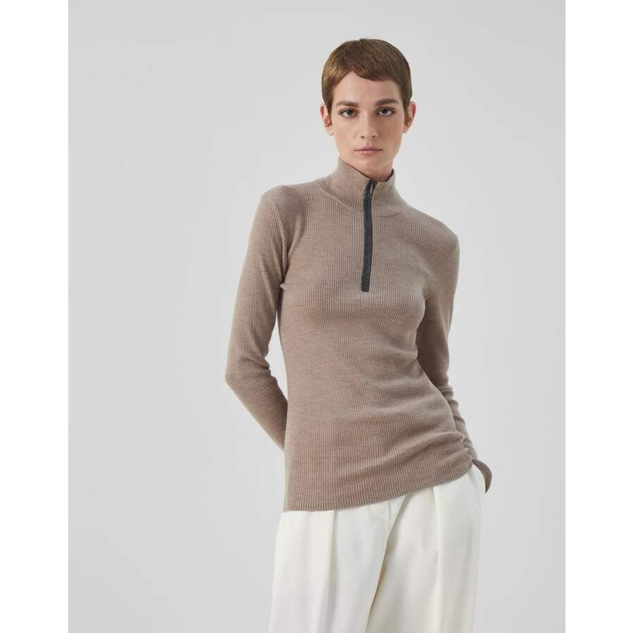 Brunello Cucinelli Women's Brown Wool Blend Zip Mock Neck Sweater