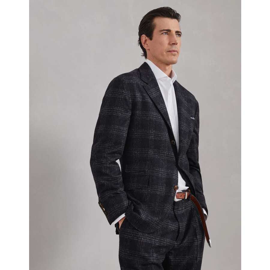 Brunello Cucinelli Men's Anthracite Checked Silk Wool Blazer