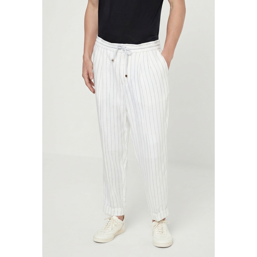 Brunello Cucinelli Men'S White Linen Relaxed Trousers
