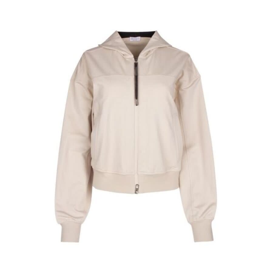 Brunello Cucinelli Womens Soft Stone Cotton Zip Front Hooded Jacket