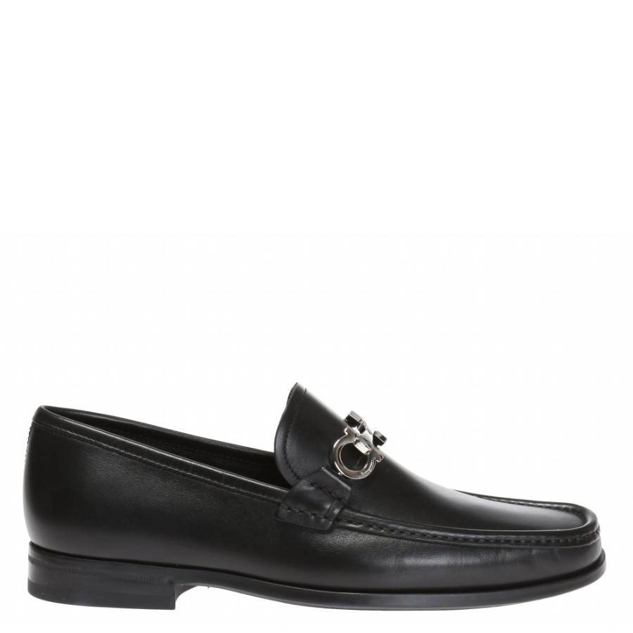 Salvatore Ferragamo Mens Black Reversible Gancini Ornament Leather Moccasins