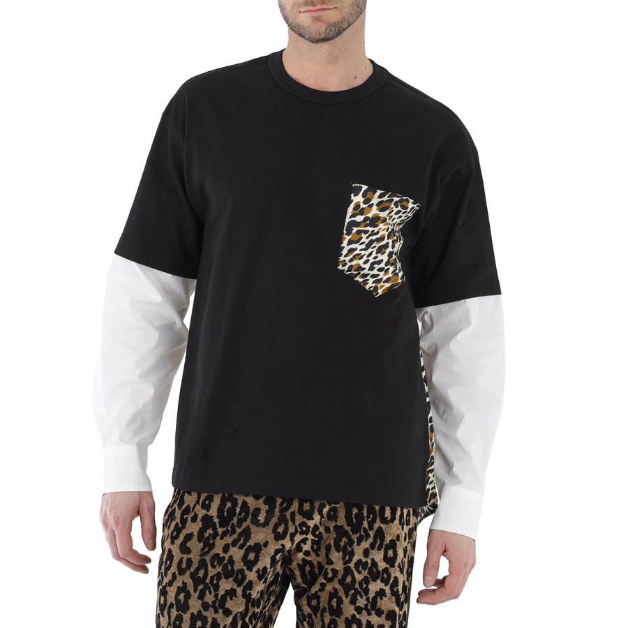 Roberto Cavalli Mens Black Hybrid Poplin Sleeve Animalier Cotton Jersey T-shirt