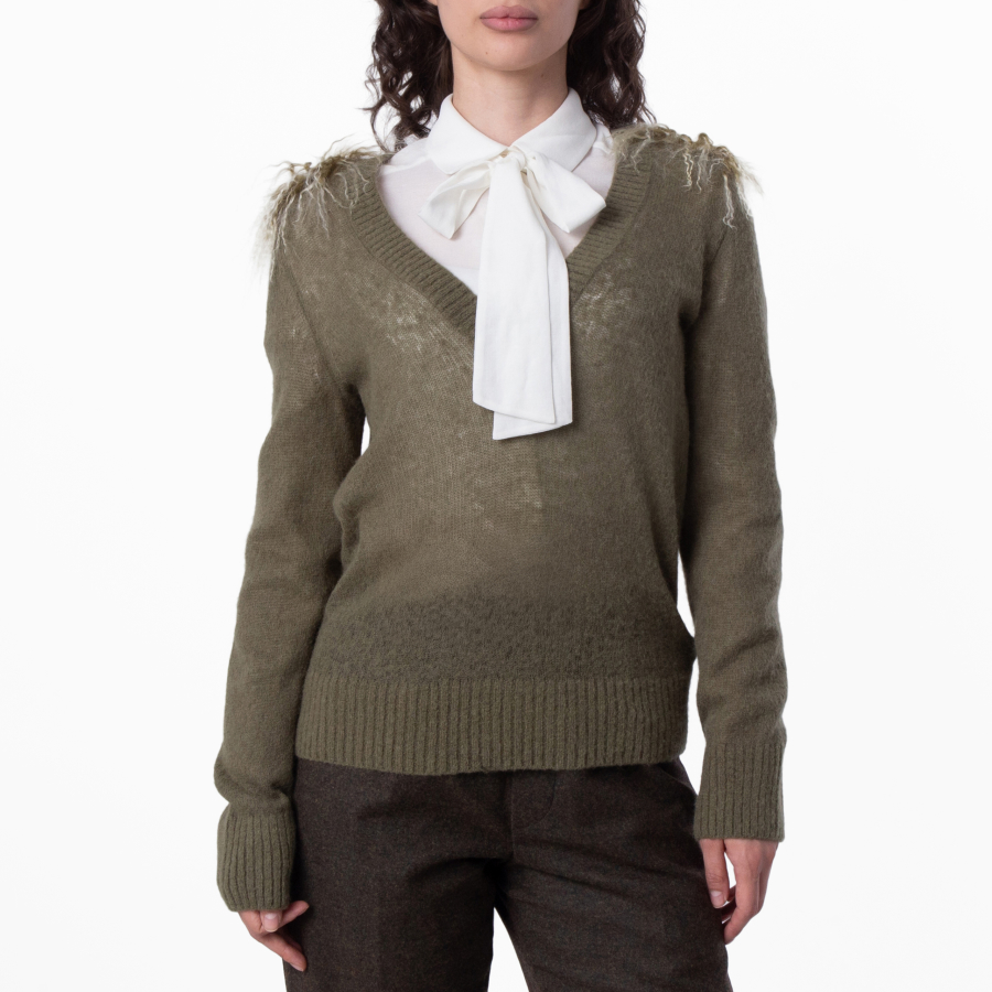 Burberry Wool Blend V-Neck Sweater With Shearling Detail