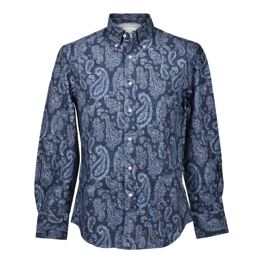 Brunello Cucinelli Blue Paisley Slim Fit Shirt