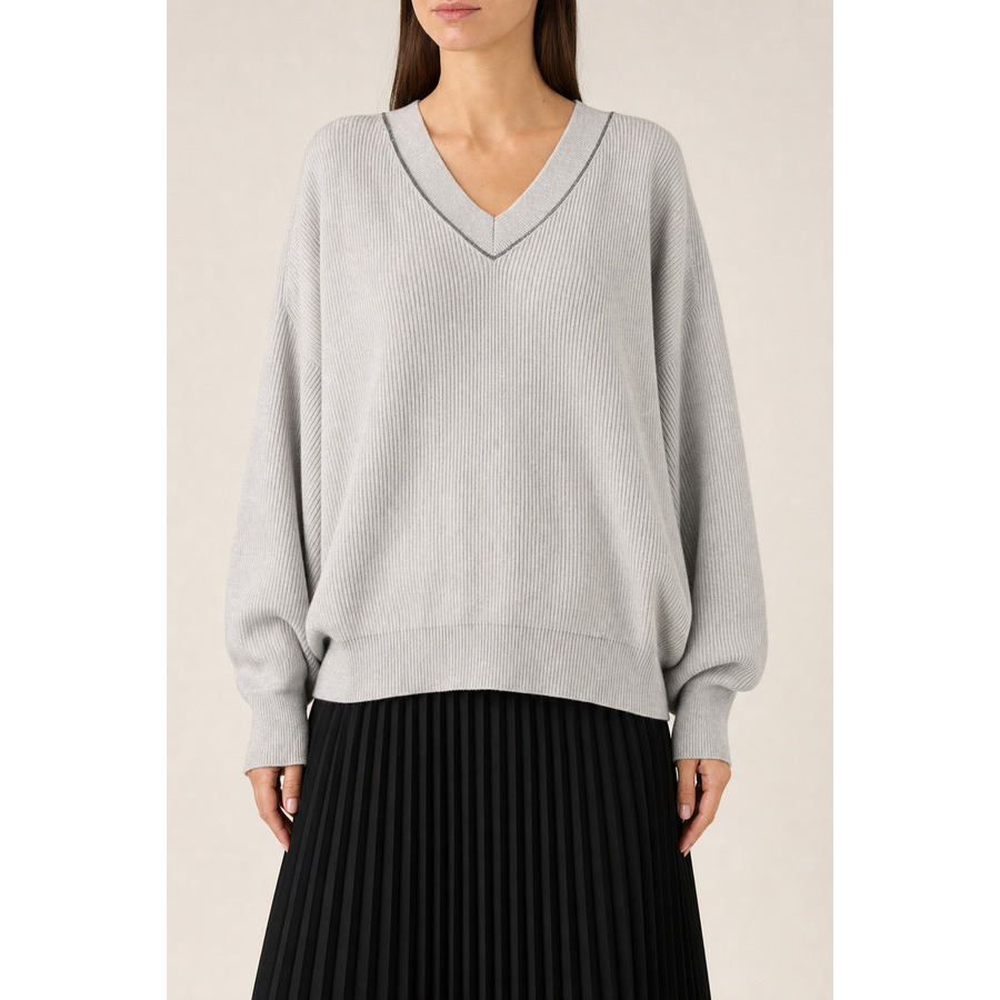 Brunello Cucinelli Womens Nebbia Cotton V Neck Sweater