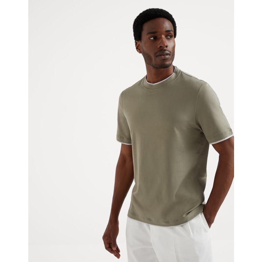 Brunello Cucinelli Men's Olive And Light Grey Cotton Crewneck Shirt