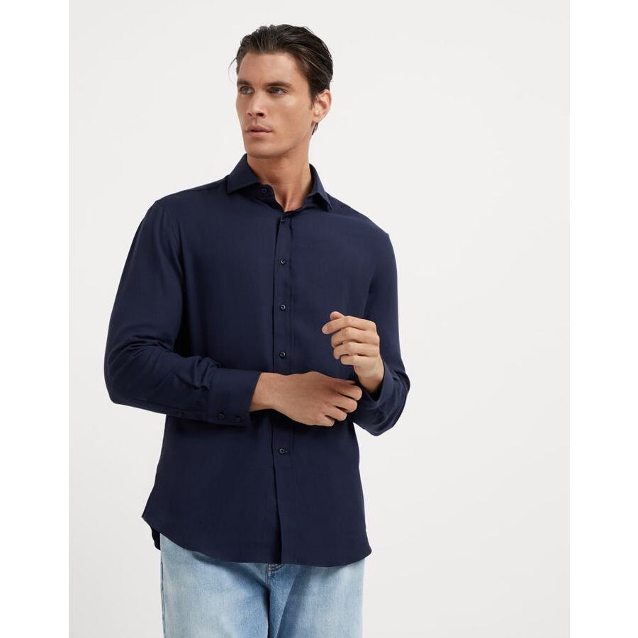 Brunello Cucinelli Men's Blue Cotton Wool Blend Shirt