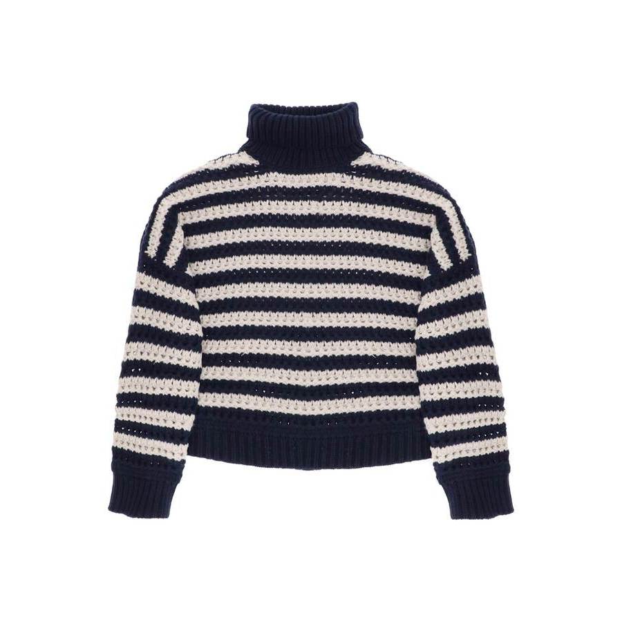 Brunello Cucinelli Women's Navy Striped Turtleneck Knit Sweater