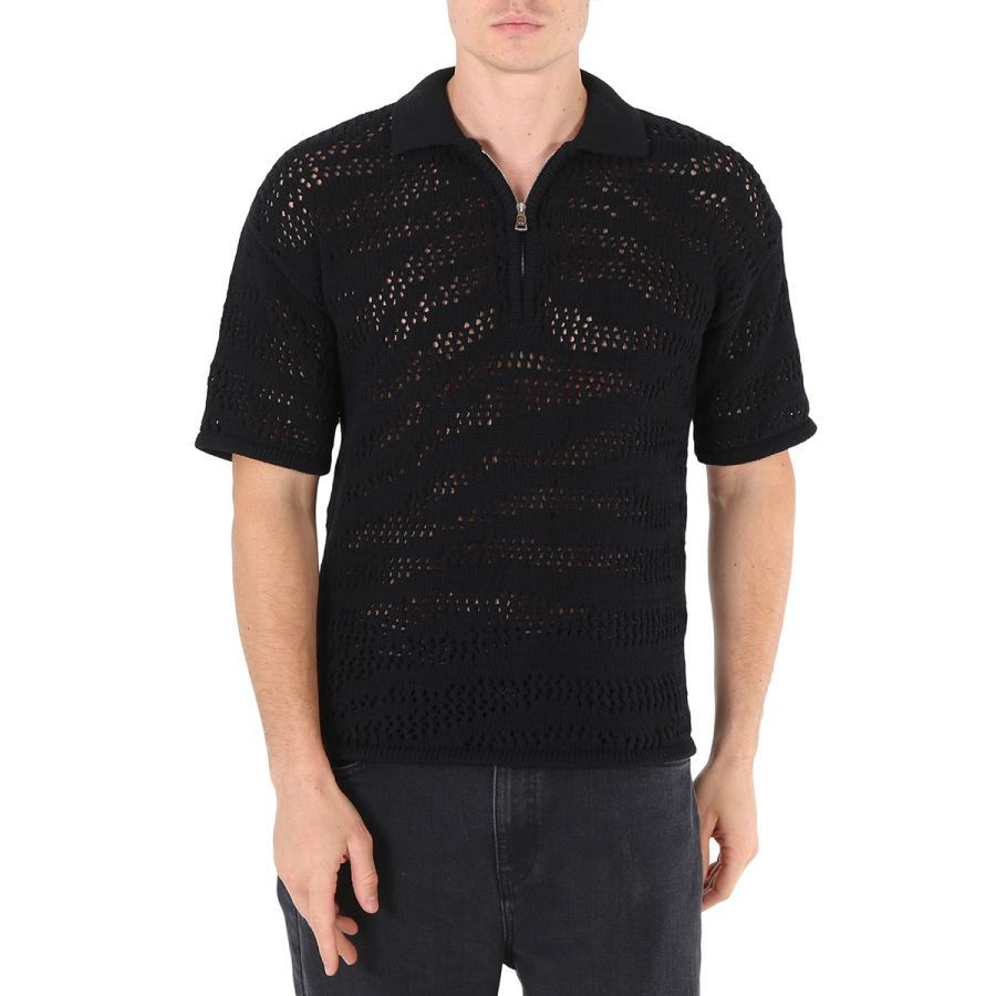 Roberto Cavalli Mens Black Zebra Knitted Cotton Polo Shirt