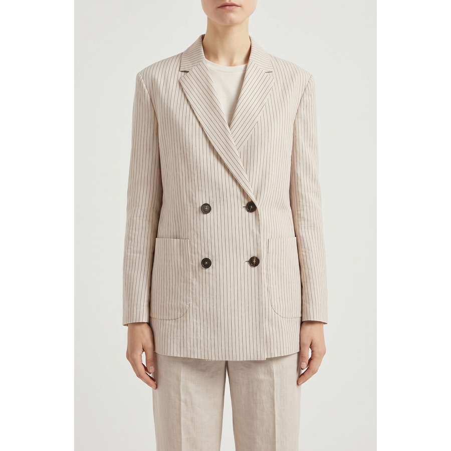 Brunello Cucinelli Beige Pinstripe Double Breasted Blazer