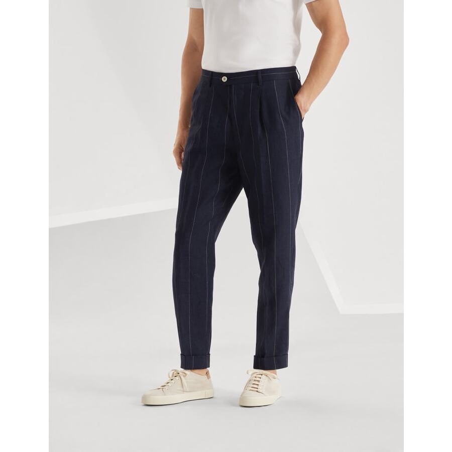 Brunello Cucinelli Navy Linen Tapered Trousers