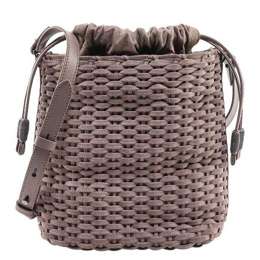 Brunello Cucinelli Womens Ice Woven Leather Bucket Bag