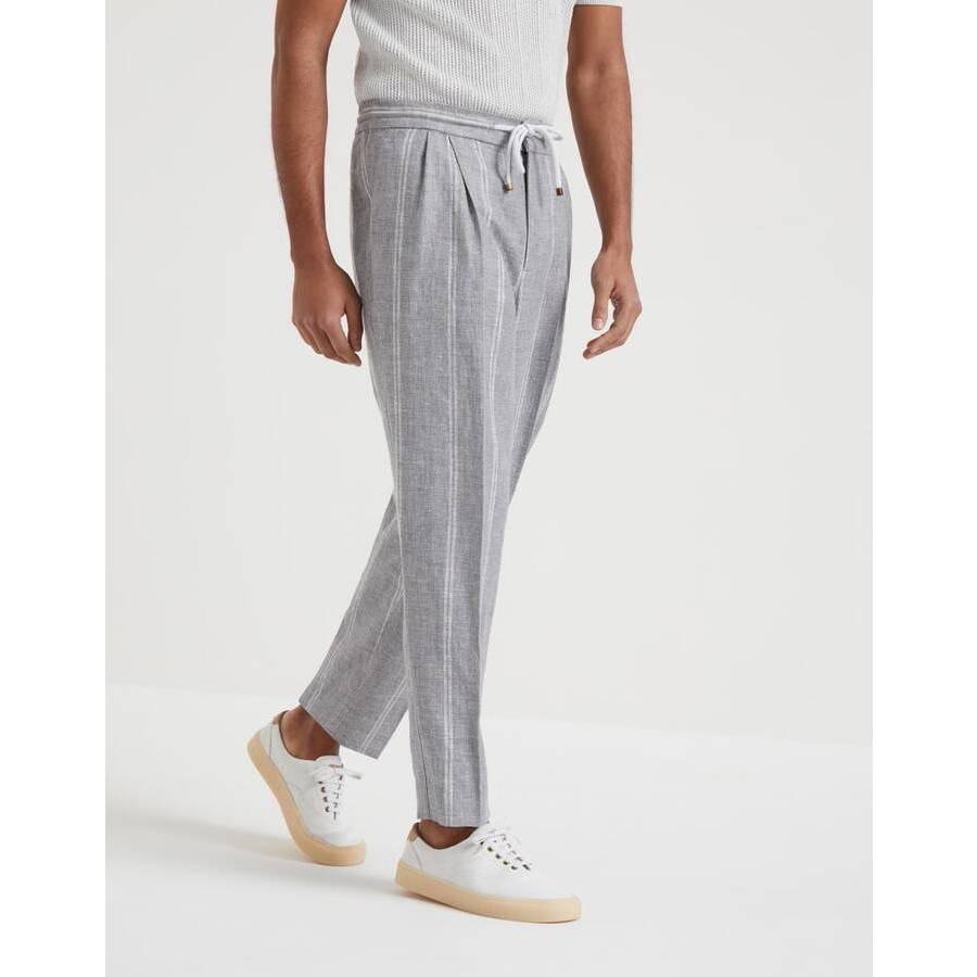Brunello Cucinelli Men's Grey Linen Wool Blend Striped Trousers