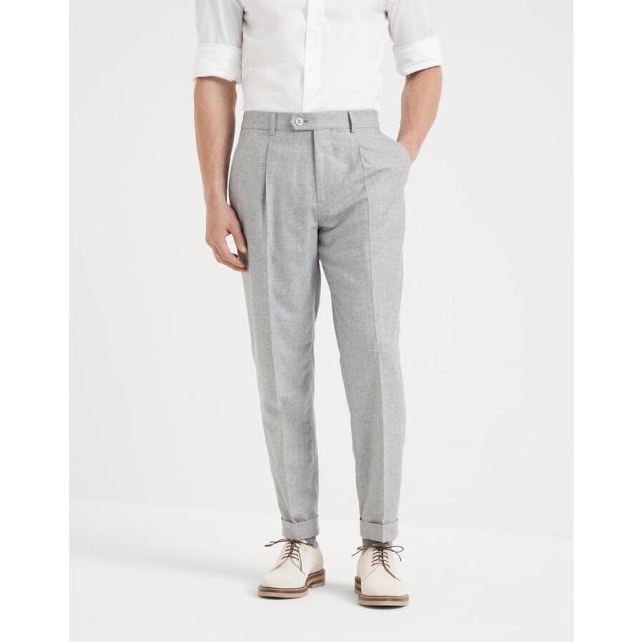 Brunello Cucinelli Mens Pearl Grey Wool Silk Pleated Trousers