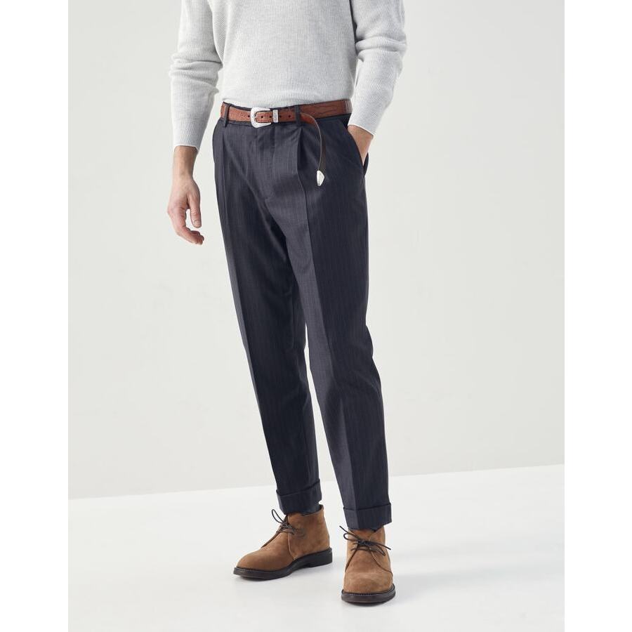 Brunello Cucinelli Mens Medium Grey Wool Pinstripe Trousers