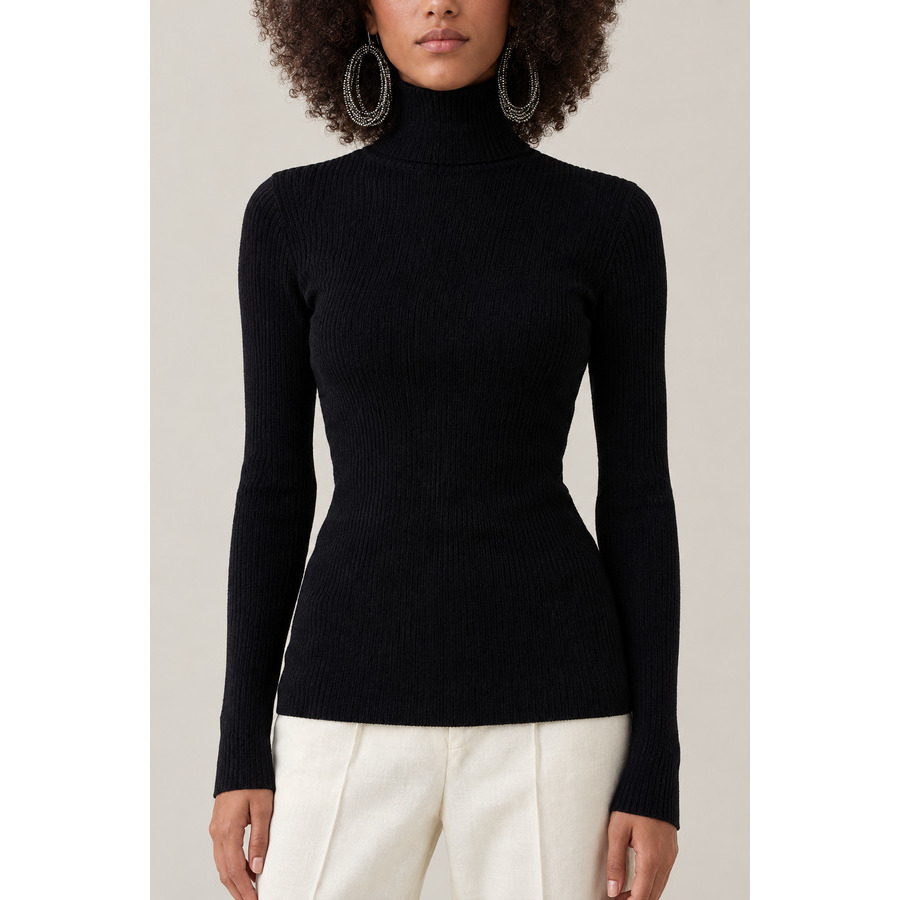 Brunello Cucinelli Women's Black Ribbed Wool Turtleneck Sweater
